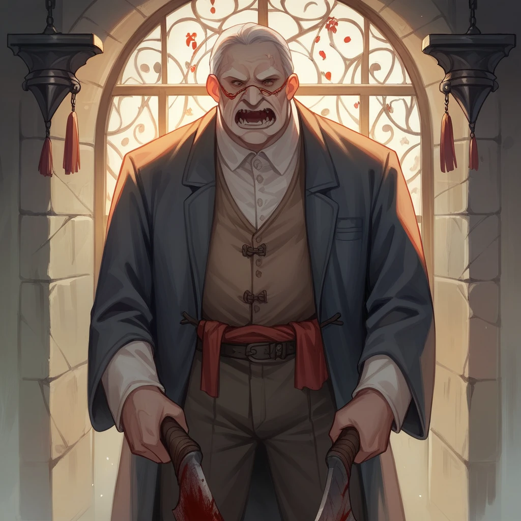 A 35-year-old man in a suit and Chinese mask in a medieval cell holding a bloody axe,80 mm, Scary lights