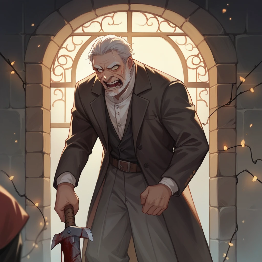 A 35-year-old man in a suit and Chinese mask in a medieval cell holding a bloody axe，80 mm, Scary lights