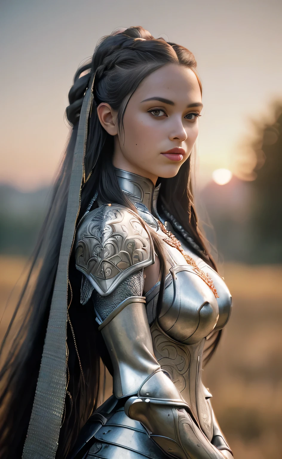 (work of art), (extremely complex:1.3), (realisitic), portrait of a girl, the most beautiful in the world, (medieval armor), metallic reflections, trunk, plein-air, Strong Sunlight, far away castle, professional photography of a stunning woman detailed, sharp focus, Dramatic, awardwinning, cinematic lighting, octane render unreal engine,  volumetric dtx, (film grain, nblurry background, blurry foreground, bokeh, Depth of field, sunset, motion-blur:1.3), Chain mail, super crazy hairstyles, beautiful long hairs, crazy long hairs, super long hairs, long hair, crazy long hairs, super long hair