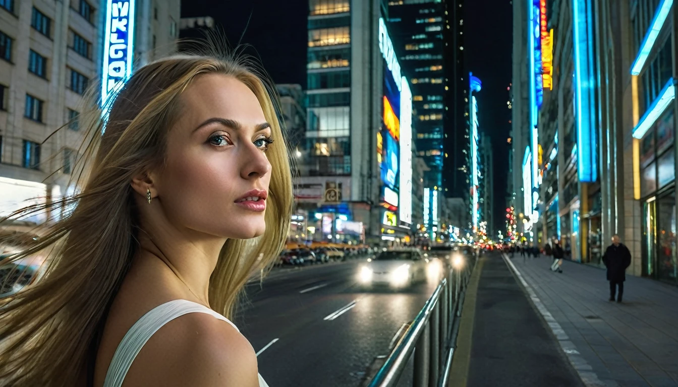 12k HDR of a metropolis with tall buildings, looking sideways, a Russian woman of unprecedented beauty, light makeup, stunning with long hair, busy streets, shot at a right angle, around her, modern cars and well-lit streets. The image should convey the vibrancy and charm of a big city at night