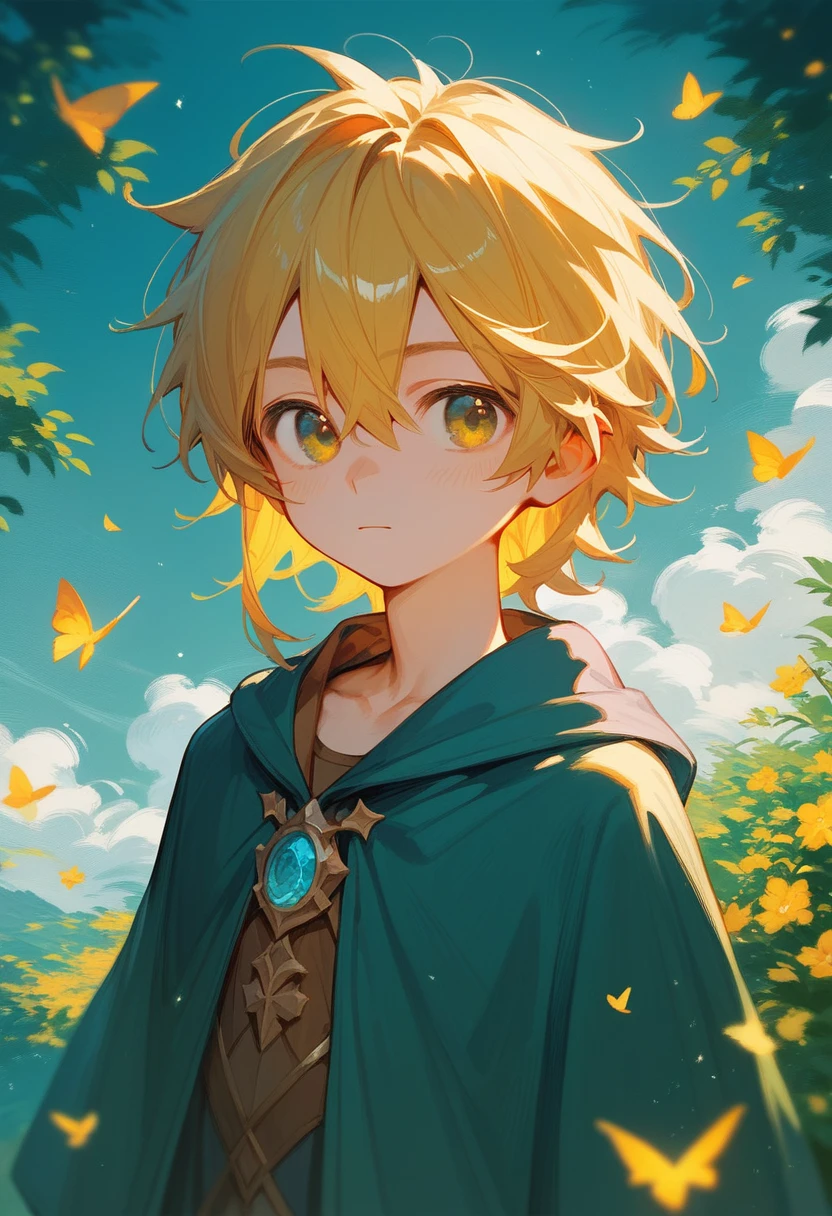 (Score_9,Score_8_up,Score_7_up), masterpiece, anime, cute young boy, wizard, upper half portrait, solo, medium hair, hair_between_eyes, scenery background, yellow hair, cowboy shot