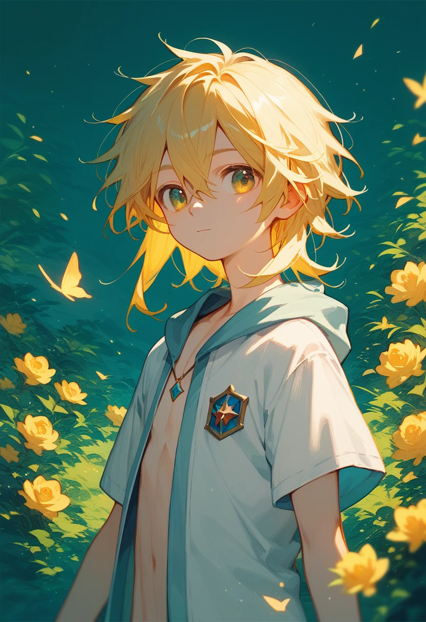 (Score_9,Score_8_up,Score_7_up), masterpiece, anime, cute young boy, wizard, upper half portrait, solo, medium hair, hair_between_eyes, scenery background, yellow hair, cowboy shot