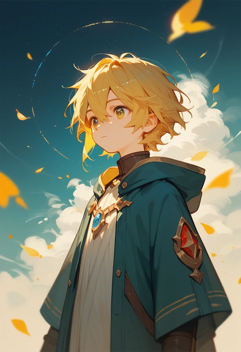 (Score_9,Score_8_up,Score_7_up), masterpiece, anime, cute young boy, wizard, upper half portrait, solo, medium hair, hair_between_eyes, scenery background, yellow hair, cowboy shot