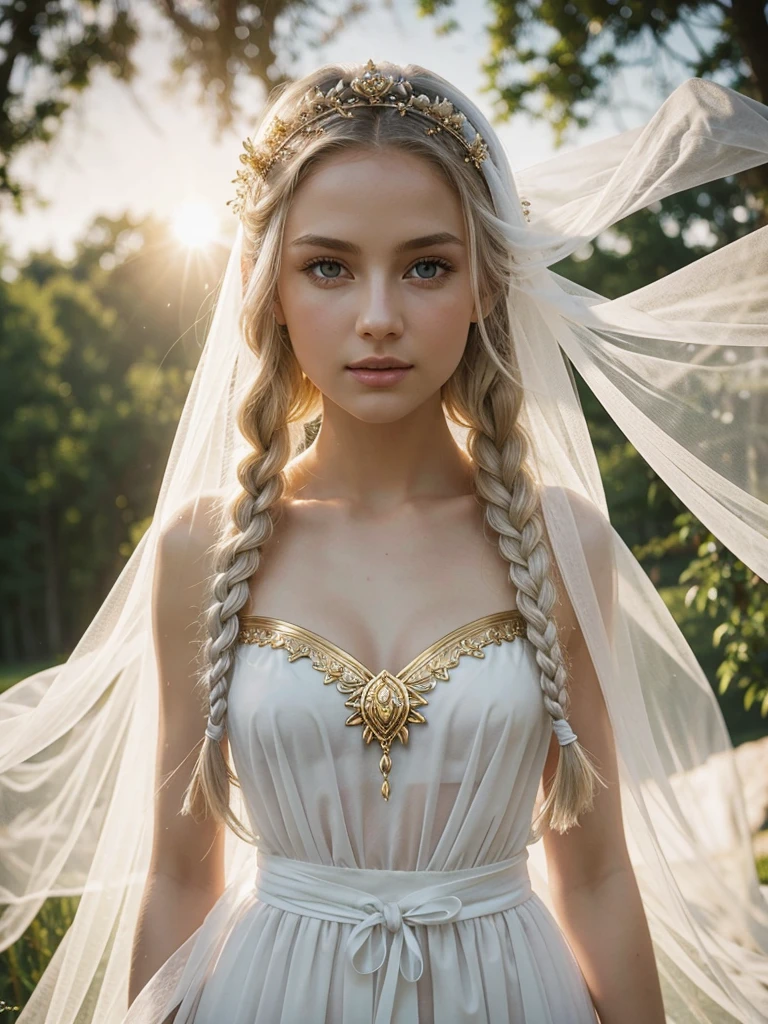 Best quality, the divine maiden sits on a cloud. Summer. Open eyes, long blonde braids. grey open beautiful eyes. porcelan white glowing skin. transparent long veil with crystal. delicate, airy and translucent divine clothing. elements of crystal in robes. gold bracelets on arms. a lot of light. Sun rays. clarity. flower meadow. atmosphere of love. Open grey eyes.