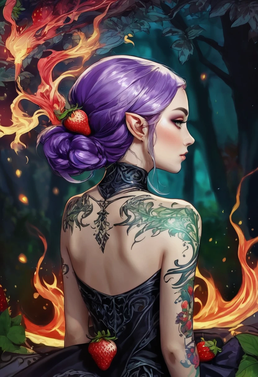 Arafed, Dark fantasy art, fantasy art, goth art, a picture of a tattoo on the back of a female elf, a glowing tattoo of a ((strawberry: 1.3)) on the elf's back, the ((strawberry tattoo)) is vivid, intricate detailed coming to life from the ink to real life, GlowingRunesAI_purple, ((fire surrounds the strawberry: 1.5)), shoot taken from the back, ((the back is visible: 1.3), she wears a transparent black dress, the dress is elegant, flowing, elven style, that the tattoos glow, dynamic hair color, dynamic hair style, vibrant, Ultra-high resolution, High Contrast, (masterpiece:1.5), highest quality, Best aesthetics), best details, best quality, highres, 16k, (ultra detailed: 1.5), masterpiece, best quality, (extremely detailed) RAW, (ultra details, Masterpiece, best quality) faize, Digital Painting,