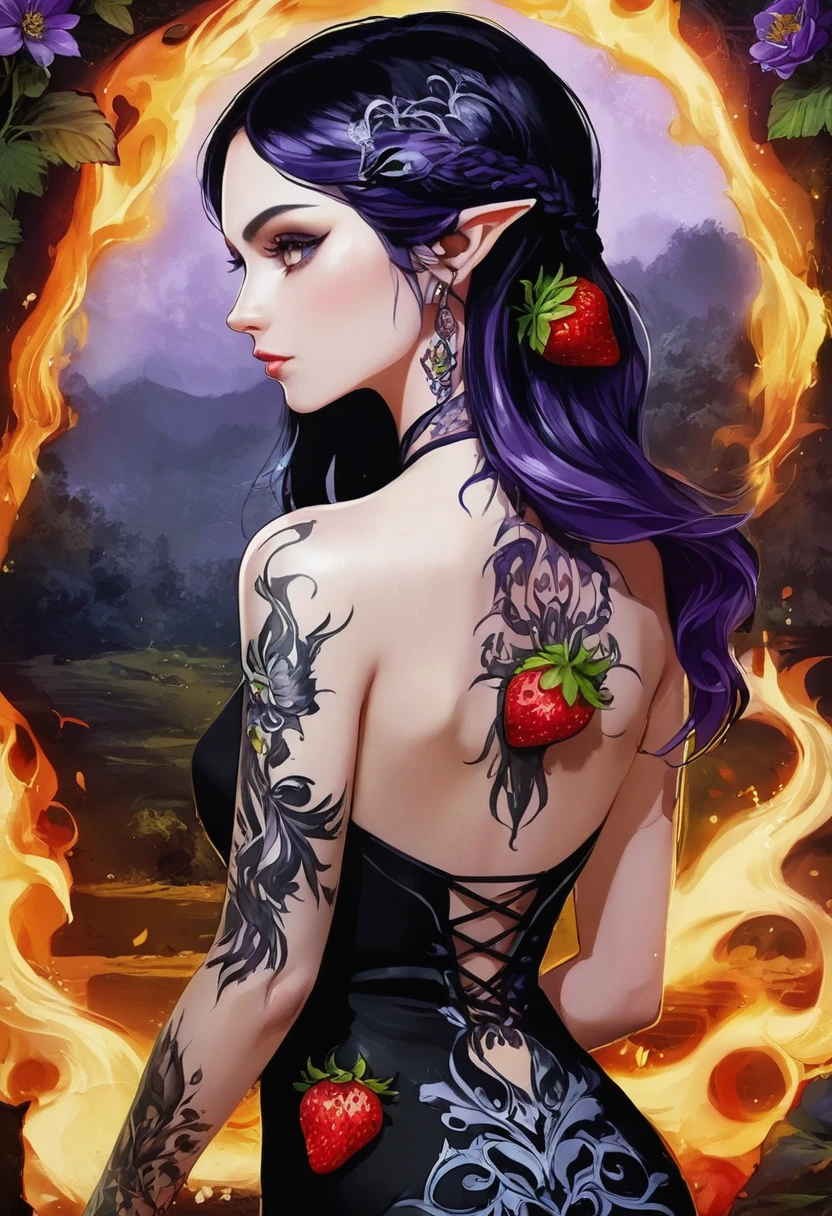 Arafed, Dark fantasy art, fantasy art, goth art, a picture of a tattoo on the back of a female elf, a glowing tattoo of a ((strawberry: 1.3)) on the elf's back, the ((strawberry tattoo)) is vivid, intricate detailed coming to life from the ink to real life, GlowingRunesAI_purple, ((fire surrounds the strawberry: 1.5)), shoot taken from the back, ((the back is visible: 1.3), she wears a transparent black dress, the dress is elegant, flowing, elven style, that the tattoos glow, dynamic hair color, dynamic hair style,  vibrant, Ultra-high resolution, High Contrast, (masterpiece:1.5), highest quality, Best aesthetics), best details, best quality, highres, 16k, (ultra detailed: 1.5), masterpiece, best quality, (extremely detailed) RAW, (ultra details, Masterpiece, best quality) faize, Digital Painting, 