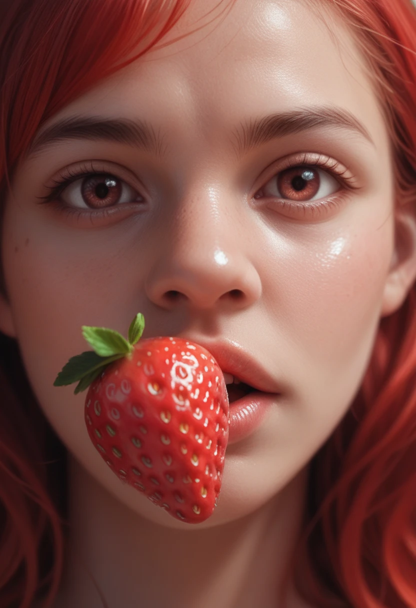 A ripe, juicy strawberry, detailed realistic high quality photorealistic 3D render, macro close-up view, sharp focus, vibrant red colors, glistening surface, velvety texture, natural lighting, seamless studio backdrop