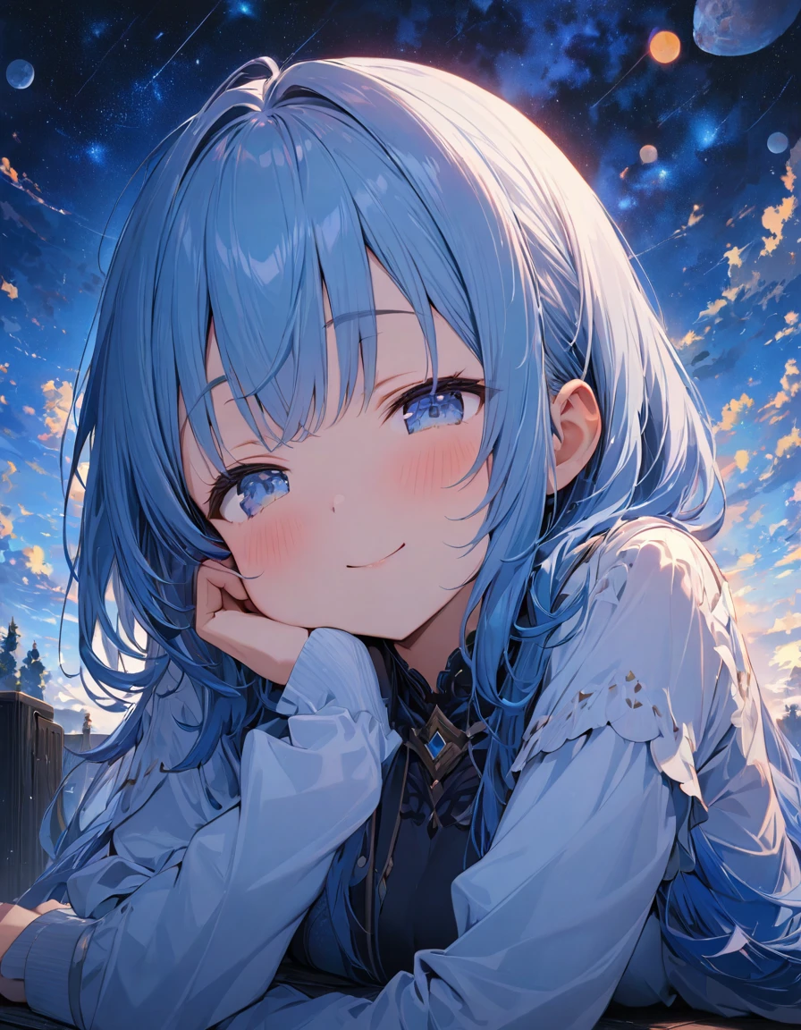 Highest quality,masterpiece,Very detailed, finely, High resolution, 8k wallpaper, finelyて美しい目,Cheek resting pose, She rests her chin on her hand, wearing her sleeves, and smiles gently. Looking down or up makes her look even cuter.Blue Hair Girl