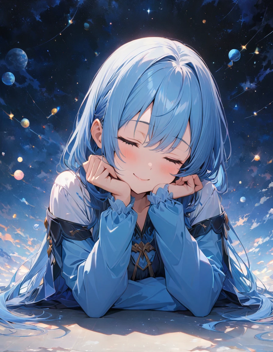 Highest quality,masterpiece,Very detailed, finely, High resolution, 8k wallpaper, finelyて美しい目,Cheek resting pose, She rests her chin on her hand, wearing her sleeves, and smiles gently. Looking down or up makes her look even cuter.Blue Hair Girl