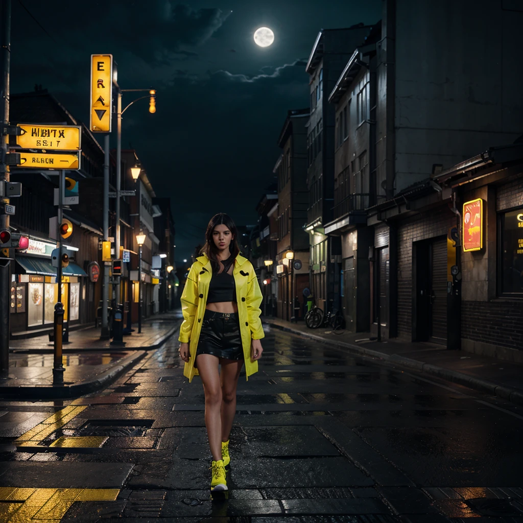 Model with neon yellow raincoat, city at night, fullmoon, high resolution HDR plus, unreal engine, Street, Buildings with lights