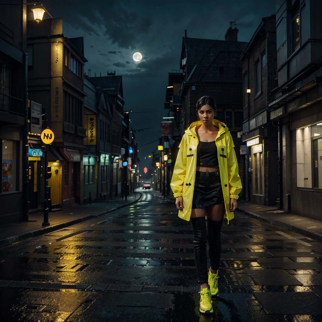Model with neon yellow raincoat, city at night, fullmoon, high resolution HDR plus, unreal engine, Street, Buildings with lights