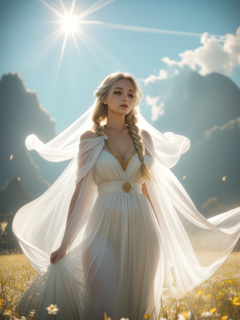 Best quality, the divine maiden sits on a cloud. Summer. Open eyes, long blonde braids. grey open beautiful eyes. porcelan white glowing skin. transparent long veil with crystal. delicate, airy and translucent divine clothing. elements of crystal in robes. gold bracelets on arms. a lot of light. Sun rays. clarity. flower meadow. atmosphere of love. Open grey eyes.