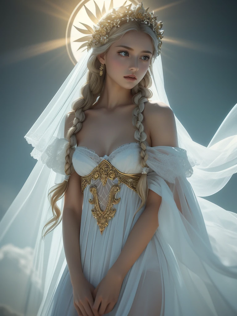 Best quality, the divine maiden sits on a cloud. Summer. Open eyes, long blonde braids. grey open beautiful eyes. porcelan white glowing skin. transparent long veil with crystal. delicate, airy and translucent divine clothing. elements of crystal in robes. gold bracelets on arms. a lot of light. Sun rays. clarity. flower meadow. atmosphere of love. Open grey eyes.