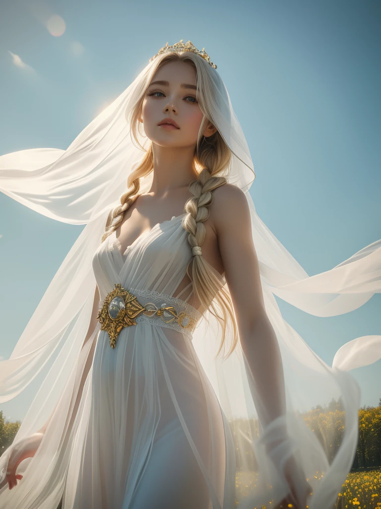 Best quality, the divine maiden sits on a cloud. Summer. Open eyes, long blonde braids. grey open beautiful eyes. porcelan white glowing skin. transparent long veil with crystal. delicate, airy and translucent divine clothing. elements of crystal in robes. gold bracelets on arms. a lot of light. Sun rays. clarity. flower meadow. atmosphere of love. Open grey eyes.