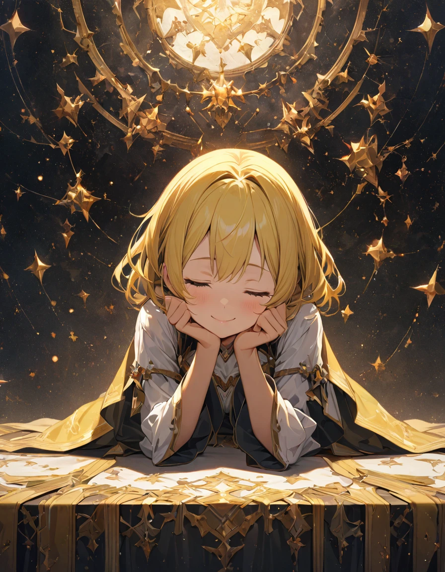 Highest quality,masterpiece,Very detailed, finely, High resolution, 8k wallpaper, finelyて美しい目,Cheek resting pose, She rests her chin on her hand, wearing her sleeves, and smiles gently. Looking down or up makes her look even cuter.Yellow Hair Girl