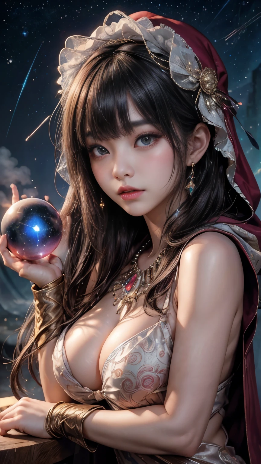 (highest qualityのディテール)、Realistic、8K Ultra HD、High resolution、(One Girl:1.2),(Fatal Beauty,Attractive beauty) ,(A supple and powerful physique),(Sensual charm),(mysteriousな魅力:1.1),(Captivating silhouette),The Super detailed、High quality textures、複雑なdetailed、detailed、Very detailed CG、High quality shadows、detailed Beautiful and delicate face、detailed Beautiful and delicate eyes、Written boundary depth、Ray Tracing、20th Generation、Cute K-Pop Girls、(The Face of Ulzan in Korea)、Thin face、(Urzan-6500-v1.1:0.6)、PurerosFace_v1、Glowing Eyes、Perfect body、 Viewer Display、(highest qualityのディテール:1.2)、Realistic、8K Ultra HD、High resolution、Woman close up, realistic girl rendering, 8k artistic german bokeh, Enchanting girl, Real Girls, Gurwitz, Gurwitz-style artwork, Girl Roleplay, Realistic 3D style, cgstation Popular Topics,, 8K Portrait Rendering,(truth,truth:1.4),(Sparkling eyes girl:1.2)、cheek、Glossy Lips、Big Breasts、High resolution, Best image quality, highest quality, Realistic, Super detailed, Realistic, 4K 8K Ultra HD Full Color RAW Photos, Fujifilm(Medium format), Hasselblad, Carl Zeiss, Incredible dynamic range photography(utility_art:Smooth-768:1.1),High resolution, High pixel count, Clear detailed, Clear images, Natural color reproduction, Noise Reduction, High fidelity, quality, Software Improvements, Upscaling, Optimized Algorithms, Professional-level retouching, Browsing Caution、(((Too much exposed skin)))、(((Big Breasts)))、fortune teller、astrologer、(((A magnificent starry sky in the background)))、(((It has a hood、A burgundy robe intricately decorated with beautiful details)))、((Horoscope))、(((fortune teller)))、Long black hair、((Blunt bangs))、Cowboy Shot、(((Please hold your hand over the crystal ball on the table....)))、Fancy Necklace、Lace gloves、Bright Blue Eyes, Surrounded by swirling pink smoke, saturated color、Dark colors、Psychedelic Images、lsd、Mandala、fractal、mysterious、detailed、Psychedelic painting of a woman with large breasts, サイケデリックなgoddess, DMT Art, DMTgoddess, Visionary artistic style, Psychedelic Art style, 3d, goddess, Portraiture, Psychedelic Art nouveau, Psychic Trance Artwork, Psychedelic Digital Art, Digital Visionary Art, Psychedelic Art, Psychedelic Surreal Art, Psychedelic Artwork, 非常にdetailedなテクニカラー, 超detailedなファンタジーアート、(nightmare:1.6),