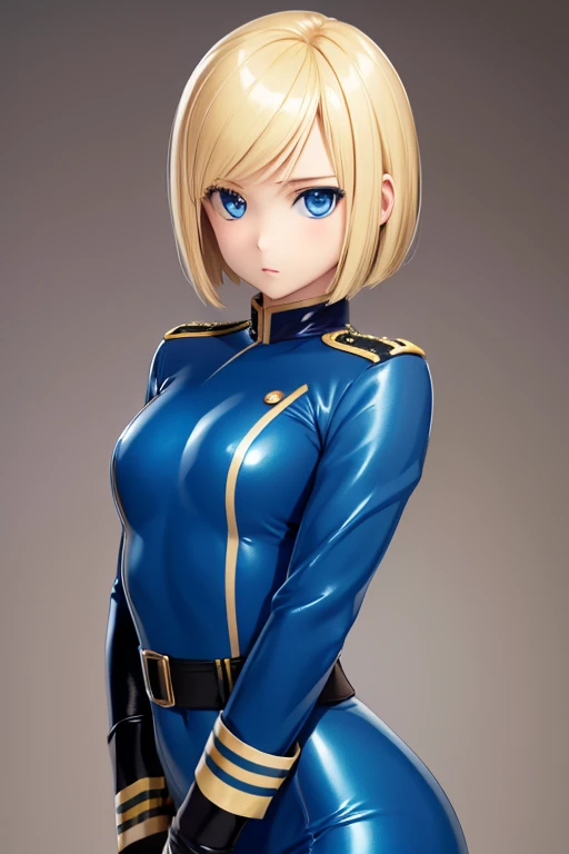 Highest quality,Highest Resolution,(((Blue shiny military uniform Blonde dark blue eyes))) Short Hair straight expressionless flat chest woman cool