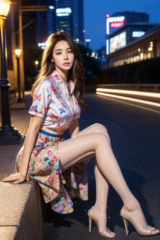 ((Highest quality、Ultra-high resolution、masterpiece、8k))、(Full Body Portrait)、(colorful shirt with collar)、(long skirt with floral pattern:1.3)、((silk pantyhose))、High heels、(Sitting and showing off her beautiful legs)、(1 girl)、Large Breasts、(Delicate face、Detailed eyes and face、double eyelid、Glossy lips)、Moisturized skin、Highly detailed face and skin texture、Two well-balanced legs、((Perfect Anatomy、Anatomically correct))、Modern architecture at night on the background、Professional Lighting