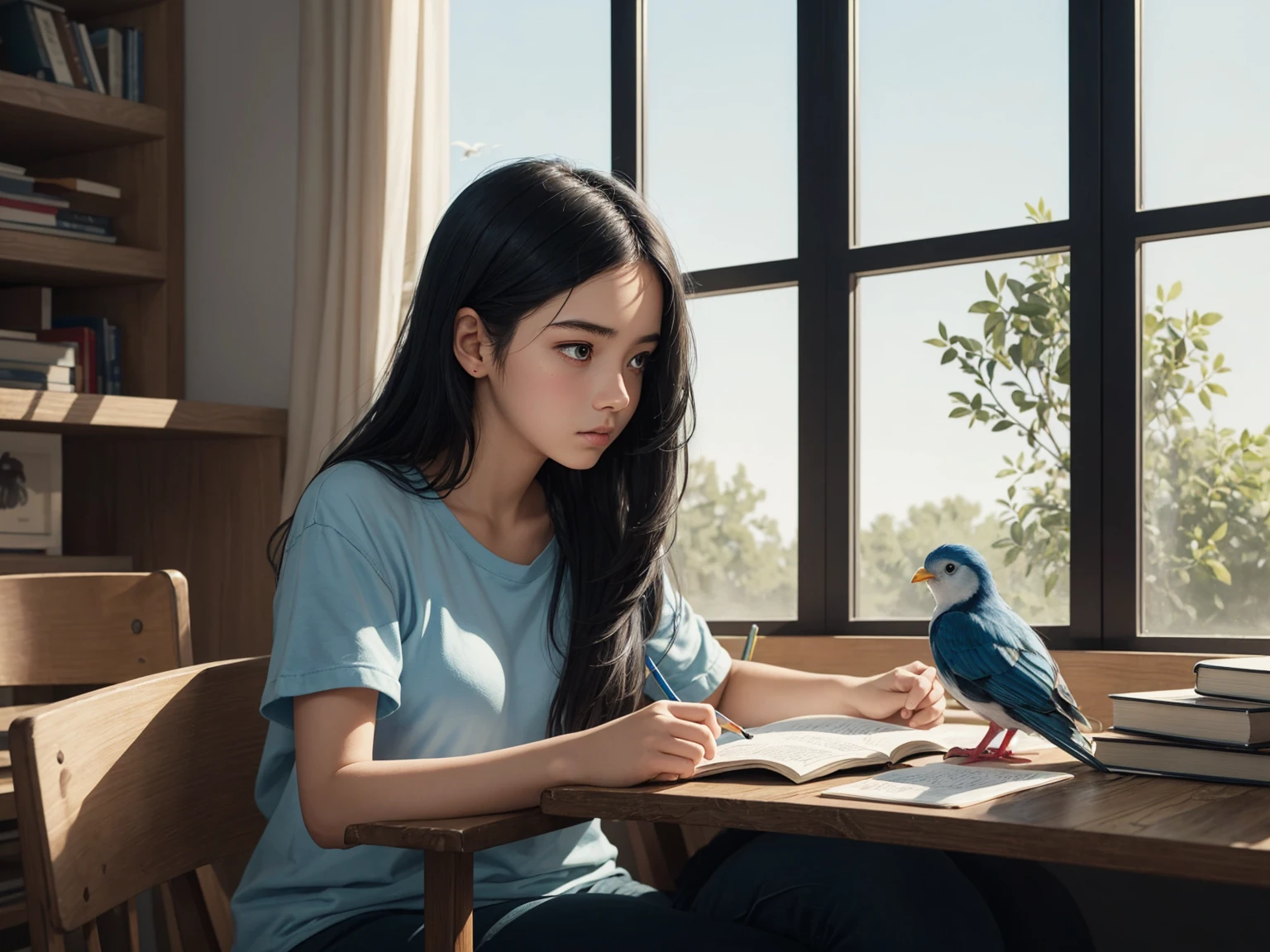 ((best quality)), ((masterpiece)), (detailed), A digital illustration of a long black haired teenage girl studying with a blue and white bird perched on her shoulder

