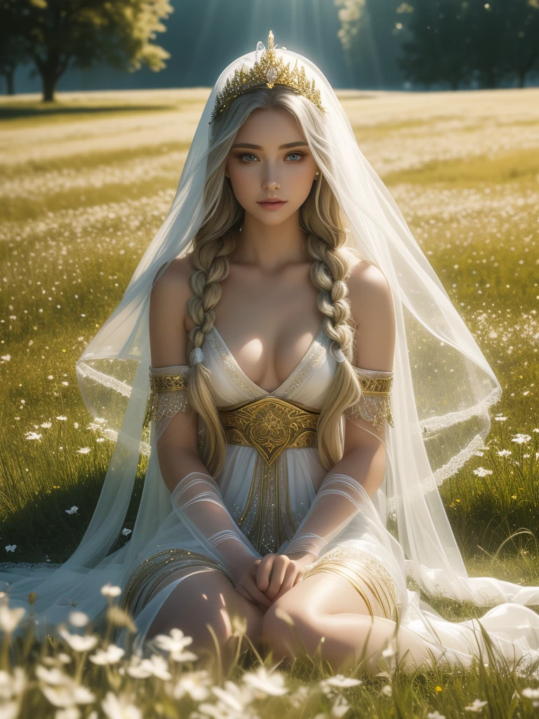 Best quality, the divine maiden sits on a grass. Summer. Open eyes, long blonde braids. grey open beautiful eyes. porcelan white glowing skin. transparent long veil with crystal. delicate, airy and translucent divine clothing. elements of crystal in robes. gold bracelets on arms. a lot of light. Sun rays. clarity. flower meadow. atmosphere of love. Open grey eyes.