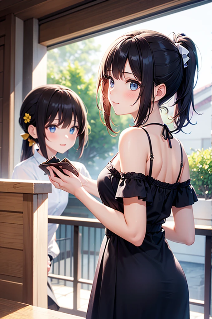 beautiful girl, Girl sideways, girl looking to the side, beautiful hair, pretty haircut, stands sideways in full growth, cute ponytails, hairstyle ponytails, two ponytails,