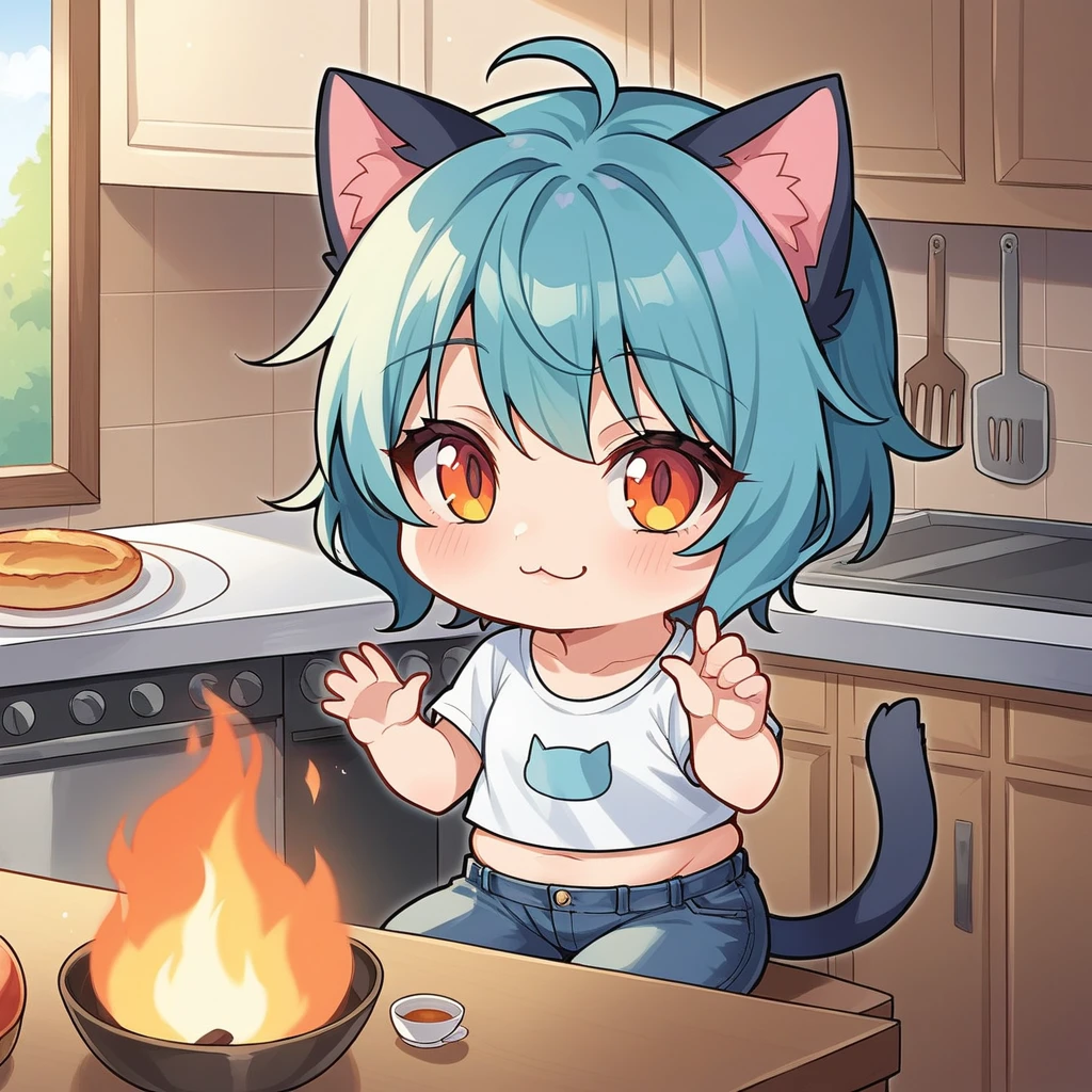 source_anime, score_9, score_8_up, BREAK a (chibi:1.2) 1girl sitting on a kitchen on (fire:1.35), cat ears, shirt, jeans, table, smile