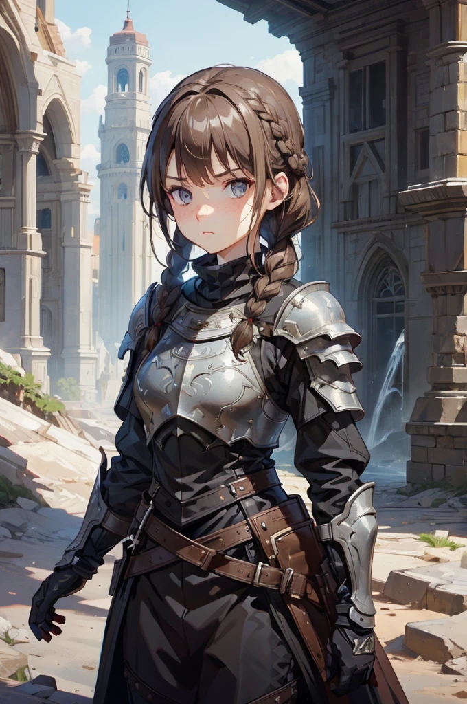 girl, sharp eyes, freckles, serious, brown hair, braids, standing proud, standing position, black armor, black breastplate, black shirt, compression shirt, best quality, expressive eyes, perfect face, masterpiece, 4K, 8K