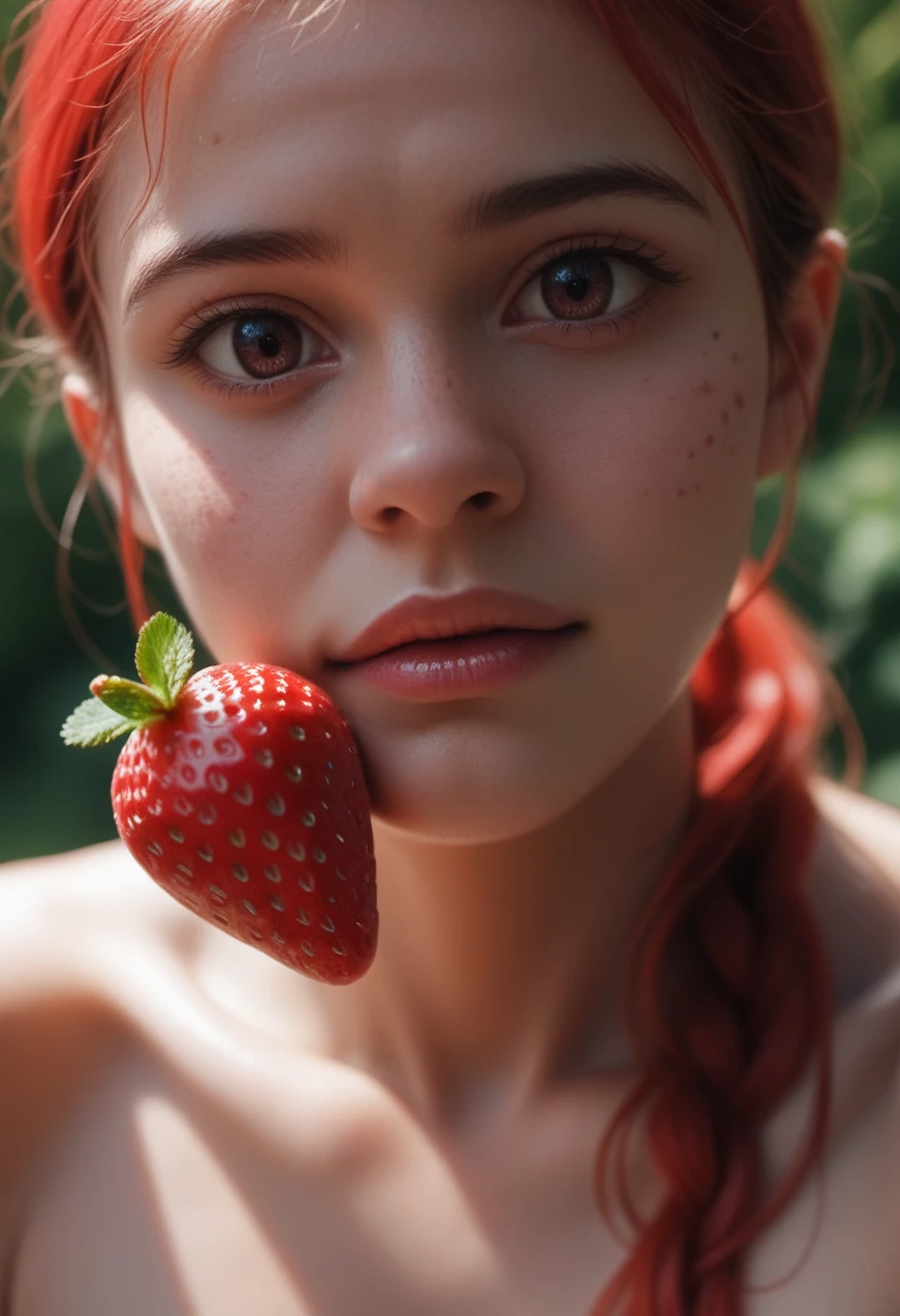 A ripe, juicy strawberry, detailed realistic high quality photorealistic 3D render, macro close-up view, sharp focus, vibrant red colors, glistening surface, velvety texture, natural lighting, seamless studio backdrop