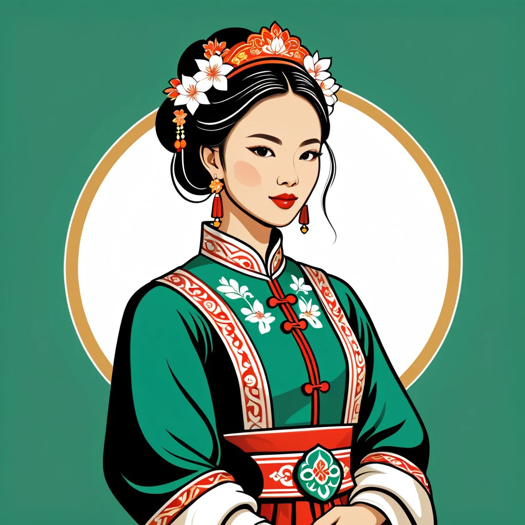 woman in macau folk outfit, vector graphics, strong contours, logo design