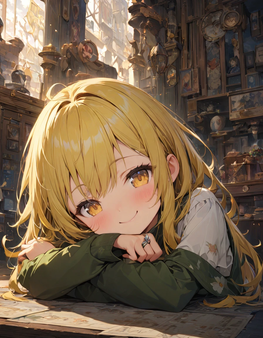 Highest quality,masterpiece,Very detailed, finely, High resolution, 8k wallpaper, finelyて美しい目,Cheek resting pose, She rests her chin on her hand, wearing her sleeves, and smiles gently. Looking down or up makes her look even cuter.Yellow Hair Girl、thumb、index finger、Middle finger、ring finger、little finger