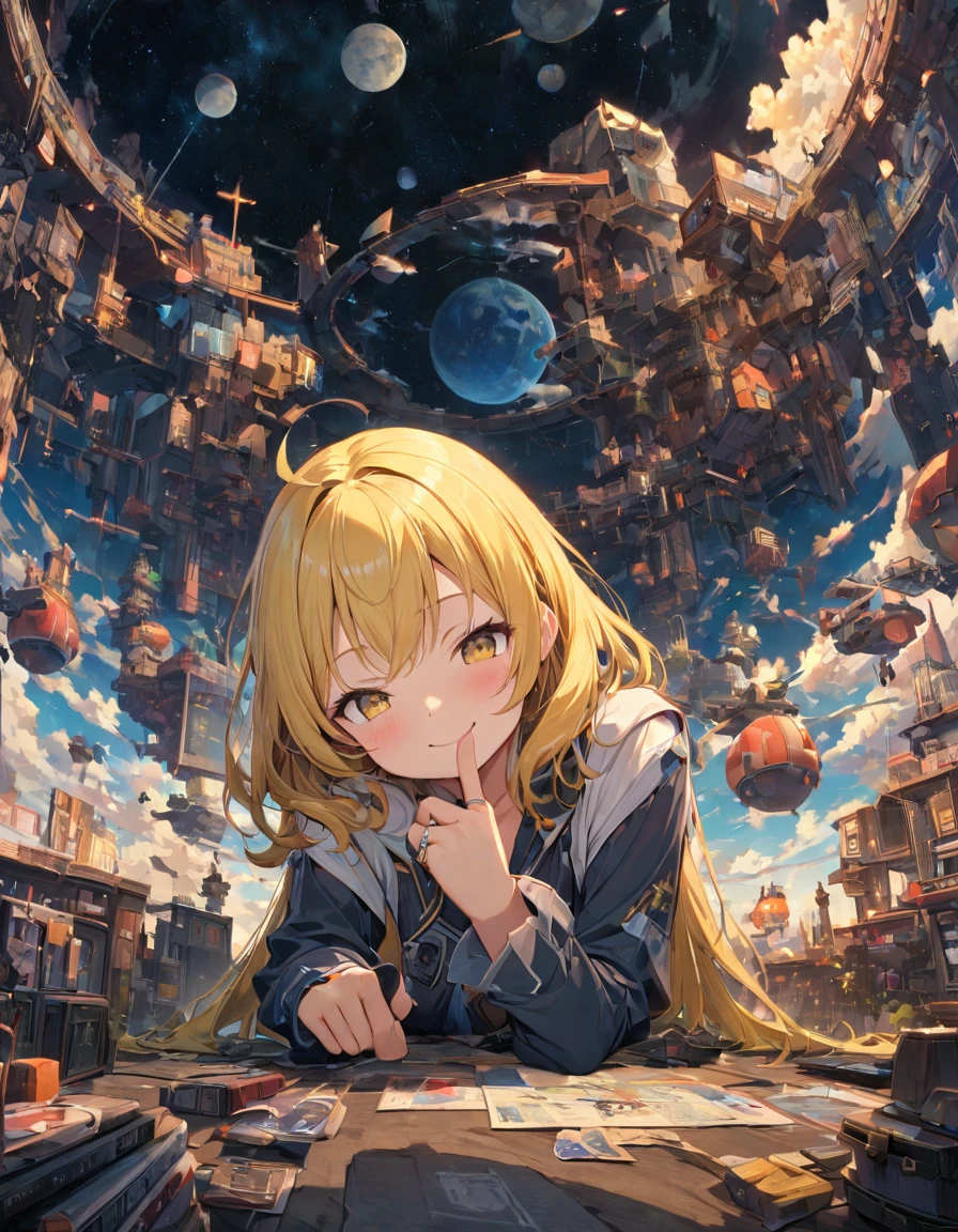 Highest quality,masterpiece,Very detailed, finely, High resolution, 8k wallpaper, finelyて美しい目,Cheek resting pose, She rests her chin on her hand, wearing her sleeves, and smiles gently. Looking down or up makes her look even cuter.Yellow Hair Girl、thumb、index finger、Middle finger、ring finger、little finger