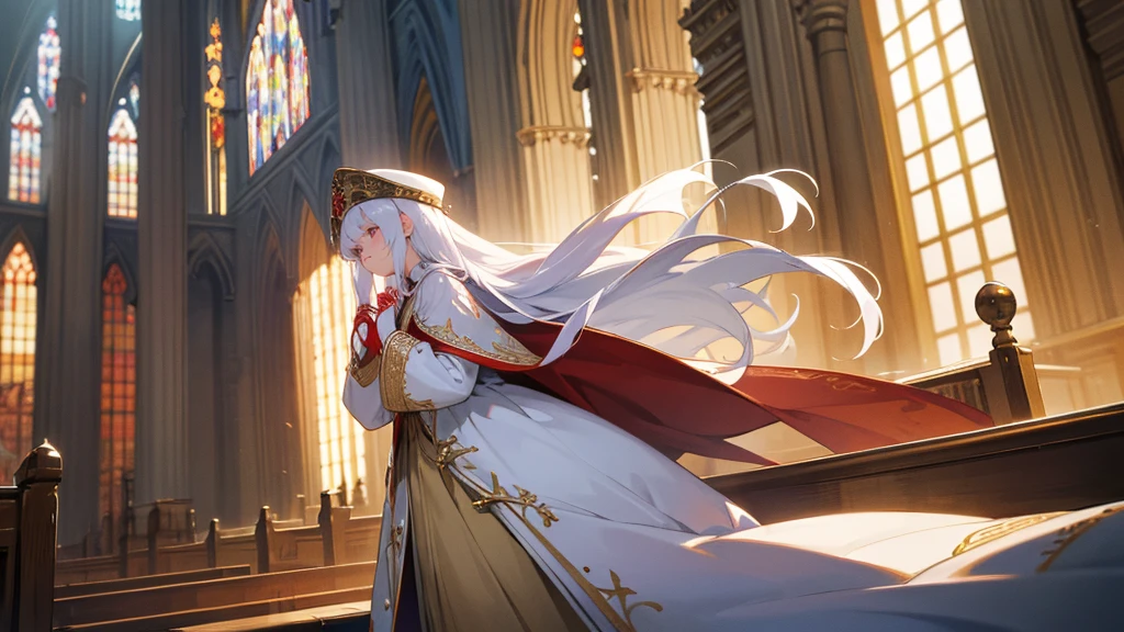 in front of the altar of a majestic church, casting judgement with magic, her voice echoing beautifully. Magic gathers around her, enveloping her in a holy aura as she chants, girl with long white hair, Classic White gown、long white embroidered gloves, pope's clothing and hat, long hair, ceremonial robes, mass vestments, enormous puffy sleeves, long cuffs with many buttons, golden embroidery, cross details, Long Train, lots of frills and lace, red capes, gently reaches out to you, gentle smile