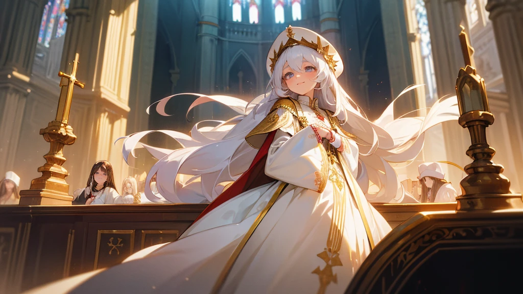 in front of the altar of a majestic church, casting judgement with magic, her voice echoing beautifully. Magic gathers around her, enveloping her in a holy aura as she chants, girl with long white hair, Classic White gown、long white embroidered gloves, pope's clothing and hat, long hair, ceremonial robes, mass vestments, enormous puffy sleeves, long cuffs with many buttons, golden embroidery, cross details, Long Train, lots of frills and lace, red capes, gently reaches out to you, gentle smile