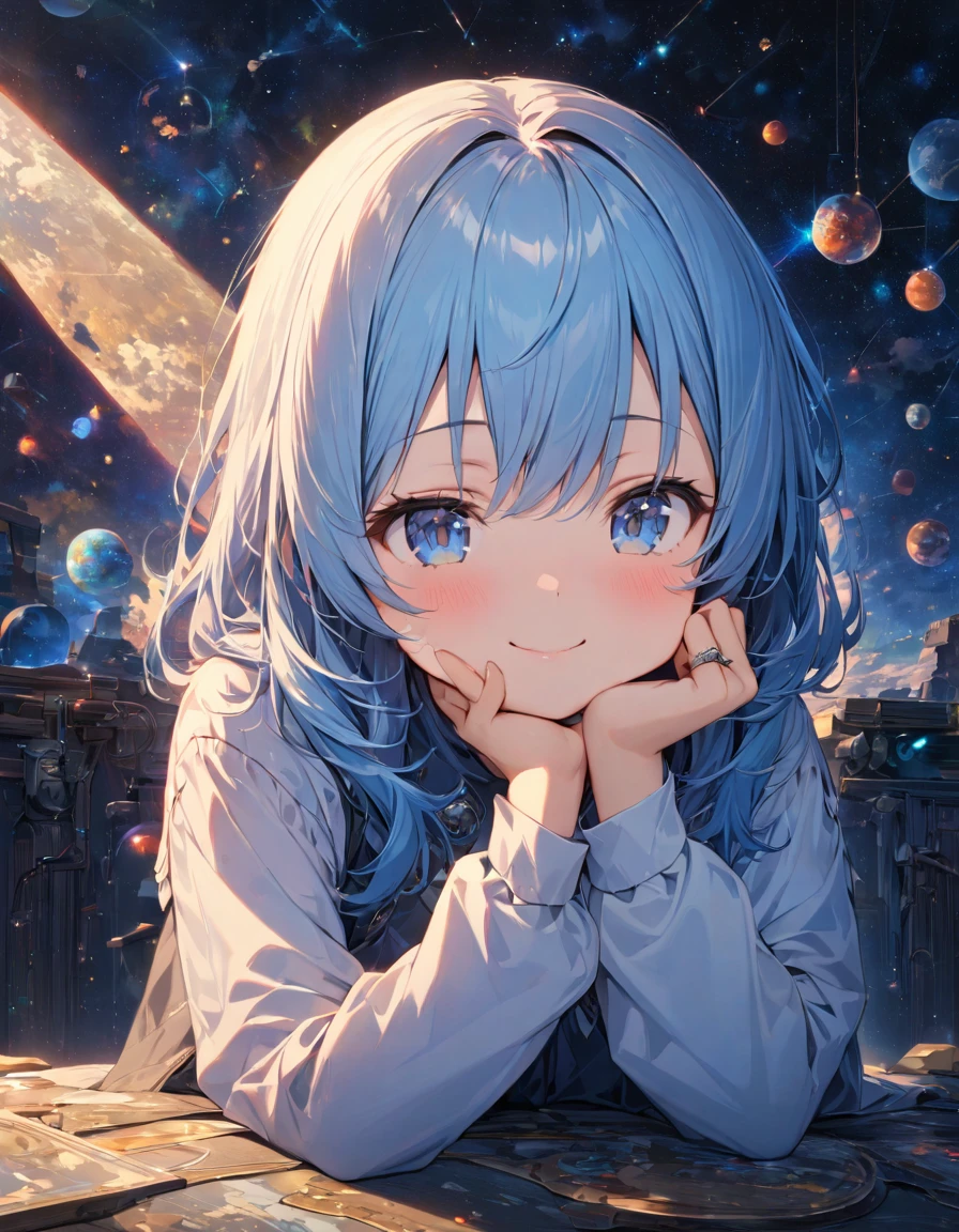 Highest quality,masterpiece,Very detailed, finely, High resolution, 8k wallpaper, finelyて美しい目,Cheek resting pose, She rests her chin on her hand, wearing her sleeves, and smiles gently. Looking down or up makes her look even cuter.Blue Hair Girl、thumb、index finger、Middle finger、ring finger、little finger