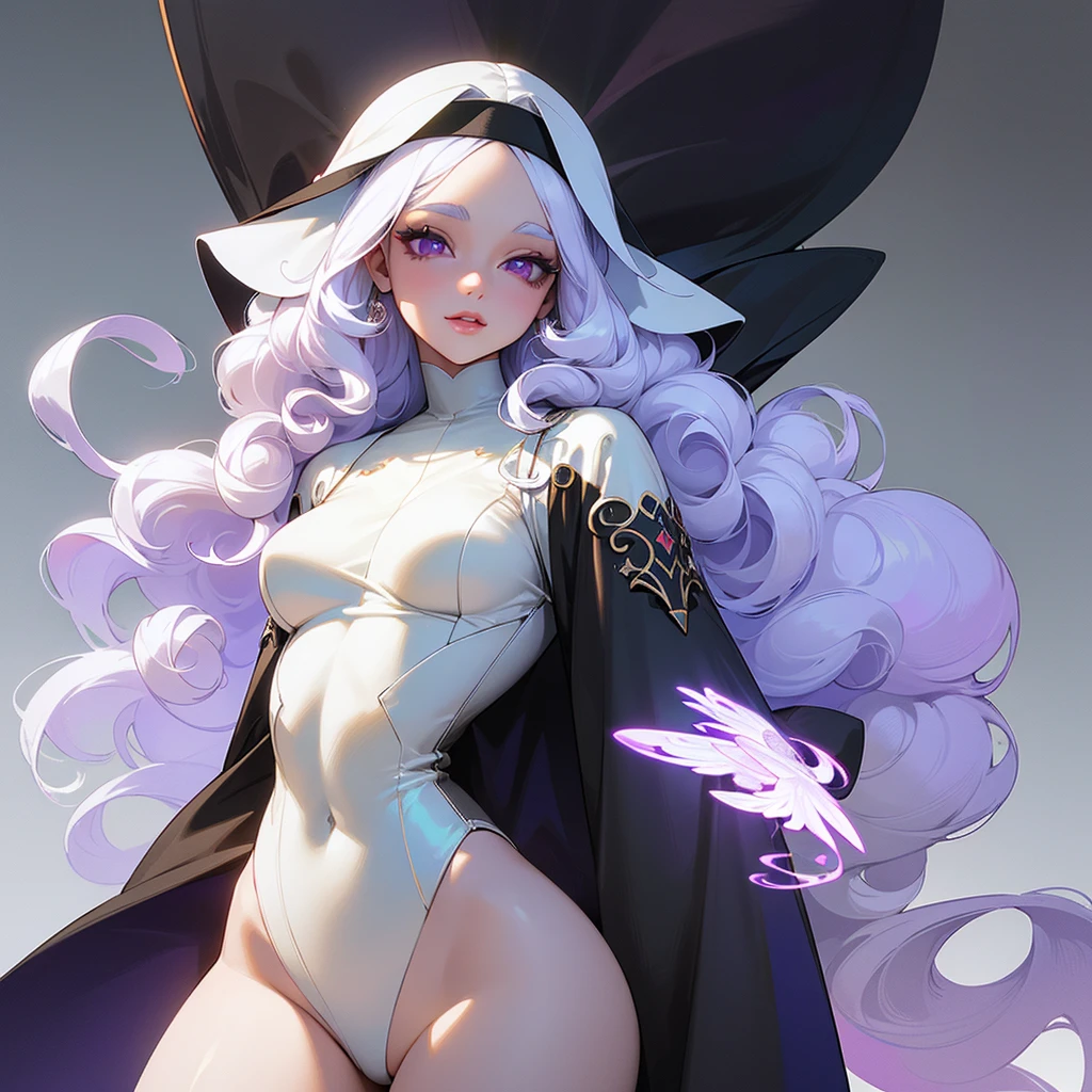 ((ultra quality)), ((masterpiece)), ((Angelic beauty woman)), ((long white curly hair)), ((White hair)), ((White hair)), ((curly hair)),  (beautiful face), (beautiful female lips), Enchanting ((Sweet facial expression)), looks at the camera with a slight smile, (White skin color), (White skin), glow on the body, ((detailed eyes)), ((violet eyes)), (juicy female lips), (dark eyeliner), (beautiful female hands), ((thick body)), ideal female body, ((nun&#39;s habit)), beautiful waist, beautiful big hips, big breasts, thick thighs, ((Subtle and beautiful)) (), ((depth of field)), ((high quality clear image)), (delete details), ((High detail)), ((clear focus))