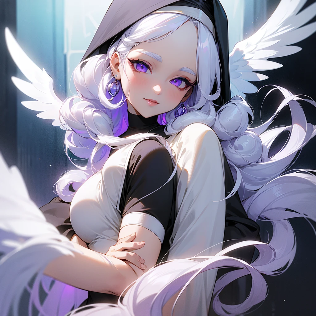 ((ultra quality)), ((masterpiece)), ((Angelic beauty woman)), ((long white curly hair)), ((White hair)), ((White hair)), ((curly hair)), (beautiful face), (beautiful female lips), Enchanting ((Sweet facial expression)), looks at the camera with a slight smile, (White skin color), (White skin), glow on the body, ((detailed eyes)), ((violet eyes)), (juicy female lips), (dark eyeliner), (beautiful female hands), ((thick body)), ideal female body, ((nun's habit)), beautiful waist, beautiful big hips, big breasts, thick thighs, ((Subtle and beautiful)) (), ((depth of field)), ((high quality clear image)), (delete details), ((High detail)), ((clear focus))