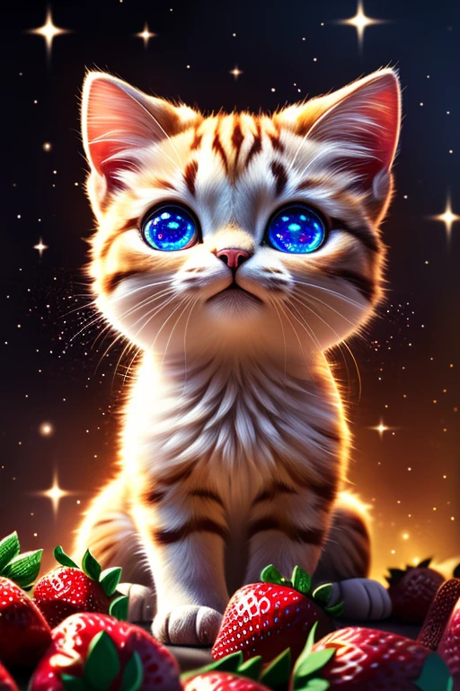 (Highest quality、masterpiece、8k))、Anatomically correct、Very detailed、High resolution、Realistic、((Beautiful, sparkling, detailed eyes))、Intricate details、((Dynamic composition))、kitten、Big head、Holding a very large strawberry、((I can&#39;t hide my joy))、very delicious、A sparkling smile