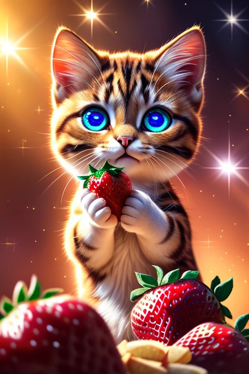 (Highest quality、masterpiece、8k))、Anatomically correct、Very detailed、High resolution、Realistic、((Beautiful, sparkling, detailed eyes))、Intricate details、((Dynamic composition))、kitten、Big head、Holding a very large strawberry、((I can&#39;t hide my joy))、very delicious、A sparkling smile