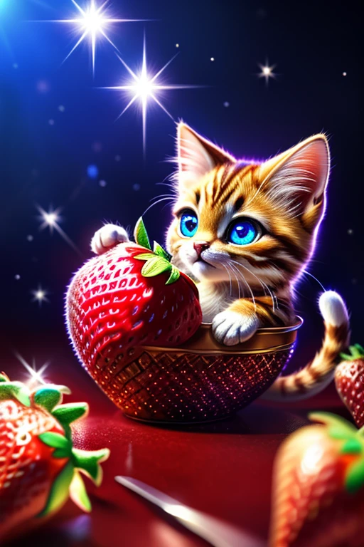 (Highest quality、masterpiece、8k))、Anatomically correct、Very detailed、High resolution、Realistic、((Beautiful, sparkling, detailed eyes))、Intricate details、((Dynamic composition))、kitten、Big head、((A single very large strawberry))、((A big smile))