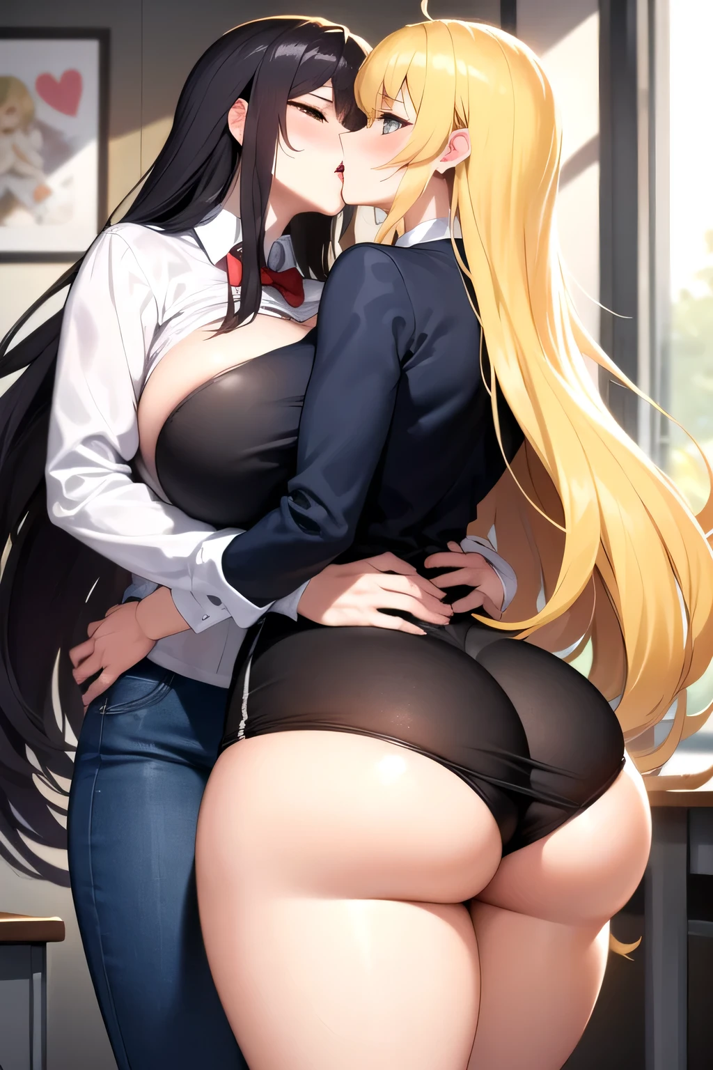 Lesbian (very long loose yellow hair)(big breasts, big thighs)(with clothes it is very tight) that he is kissing at school with his girlfriend,(big breasts, big thighs)lesbian love
