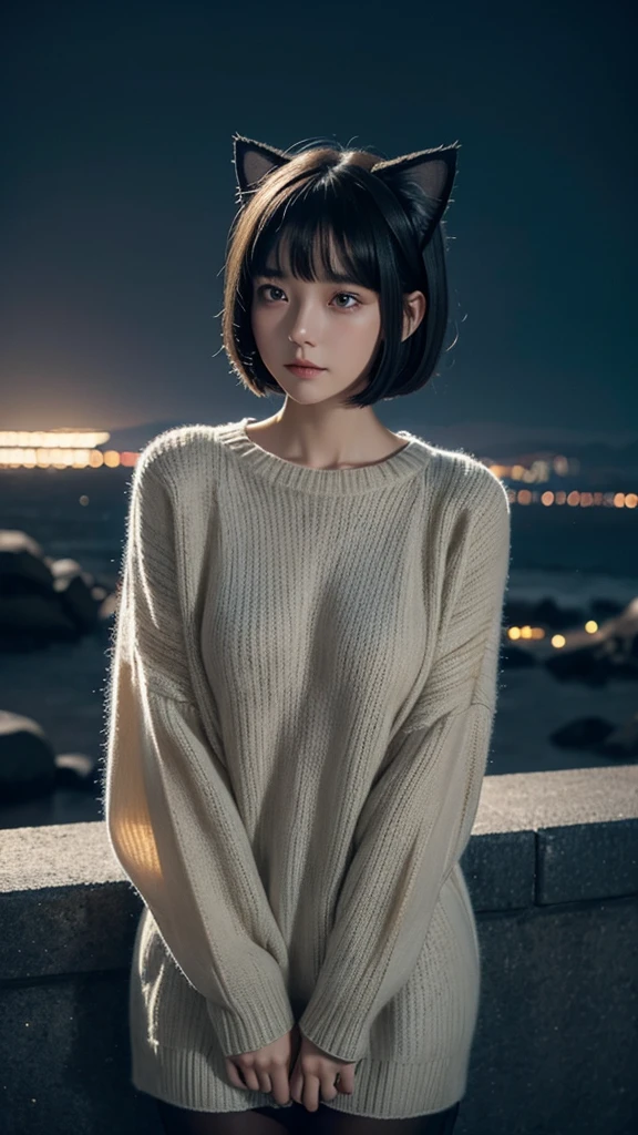 Delicate and dainty young woman with shiny bob-cut black hair and cat ears. She is wearing knitted sweater . The background is a fantastic and ethereal night sky that seems to be haunted by a specter. Her expression is stern and atmospheric. 10 years old