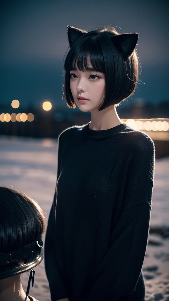 Delicate and dainty young woman with shiny bob-cut black hair and cat ears. She is wearing knitted sweater . The background is a fantastic and ethereal night sky that seems to be haunted by a specter. Her expression is stern and atmospheric. 10 years old