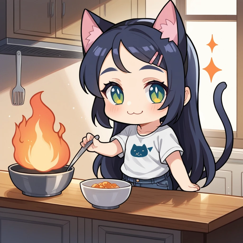 source_anime, score_9, score_8_up, BREAK a (chibi:1.2) 1girl sitting on a kitchen on (fire:1.5), cat ears, shirt, jeans, table, smile
