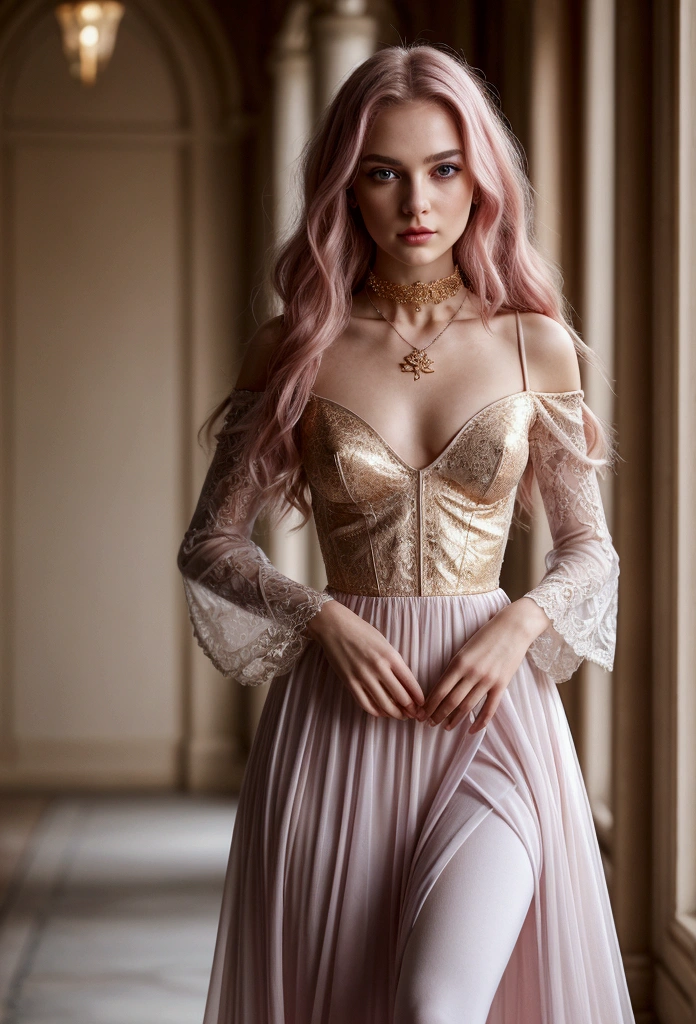 An 18 years old European girl with pale skin and long, wavy rose_gold hair. large and magenta colored eyes, full lips, with an adorable, and innocent face. She should have a happy expression, wearing a luxurious, flowing dress. The dress features a white base with a soft pink gradient from the waist down, and is adorned with intricate golden patterns resembling lace or spider webs. The bodice is form-fitting, with a heart-shaped, off-the-shoulder neckline, and a golden ornament at the waistline. She wears long, transparent bell sleeves with golden patterns. The skirt is long with a slight open front, revealing tight-fitting white leggings underneath, and has a small train at the back. The character also wears white ankle-high boots with pink accents. Accessories include a small round pendant on a choker necklace and golden hair ornaments with red decorative pieces extending from them. The overall aesthetic is elegant, ethereal, and fit for a royal or divine figure in a high-fantasy setting. small chested, slender, petit, cinematic lighting, chromatic aberration, backlighting, masterpiece, high details, high quality, 4K.