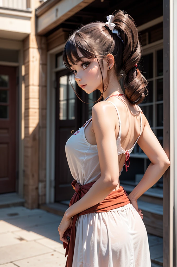 beautiful girl, girl looking to the side, beautiful hair, two long ponytails at the back of the head, Waist-length long hair, Two high ponytails, stands sideways in full growth, cute ponytails, hairstyle ponytails, two ponytails,