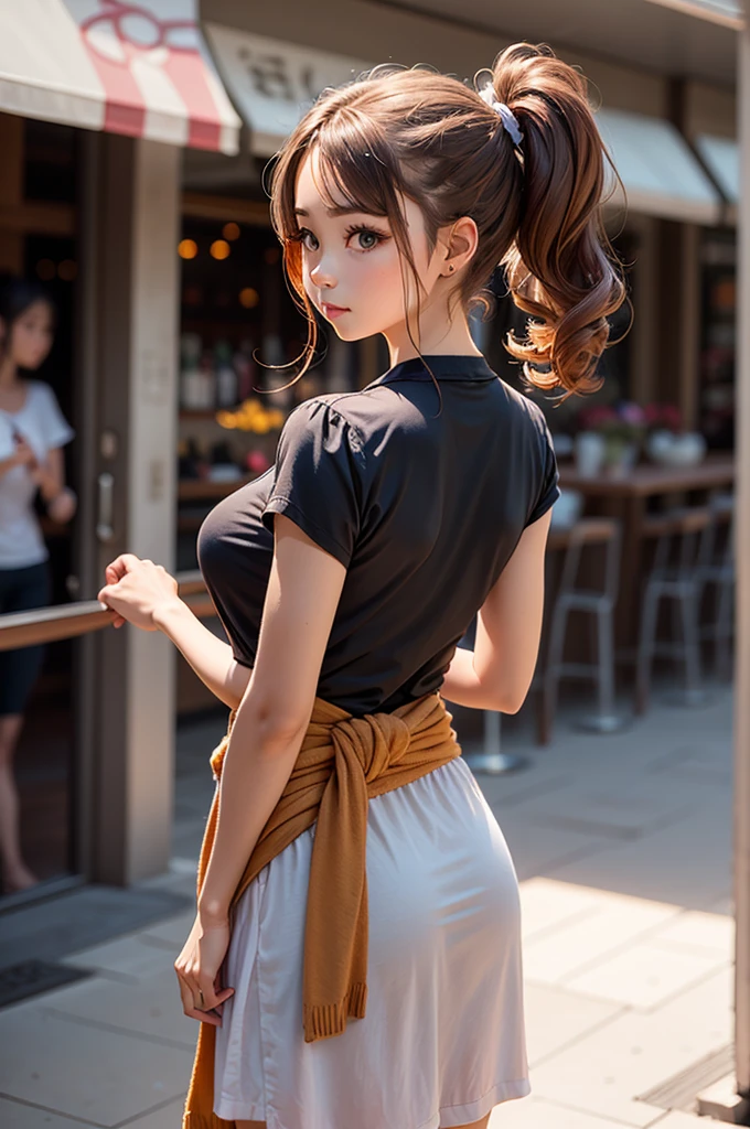 beautiful girl, girl looking to the side, beautiful hair, two long ponytails at the back of the head, Waist-length long hair, Two high ponytails, stands sideways in full growth, cute ponytails, hairstyle ponytails, two ponytails,