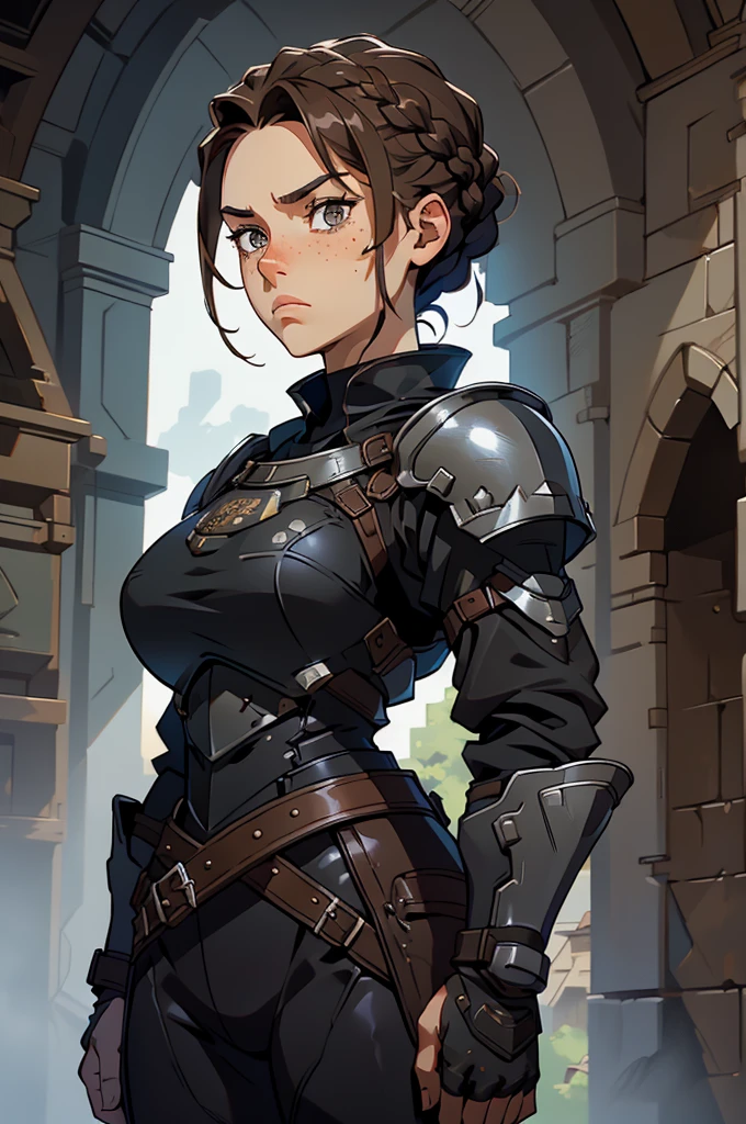 girl, sharp eyes, freckles, serious, brown hair, braids, standing proud, standing position, black armor, black breastplate, black shirt, compression shirt, best quality, expressive eyes, perfect face, masterpiece, 4K, 8K