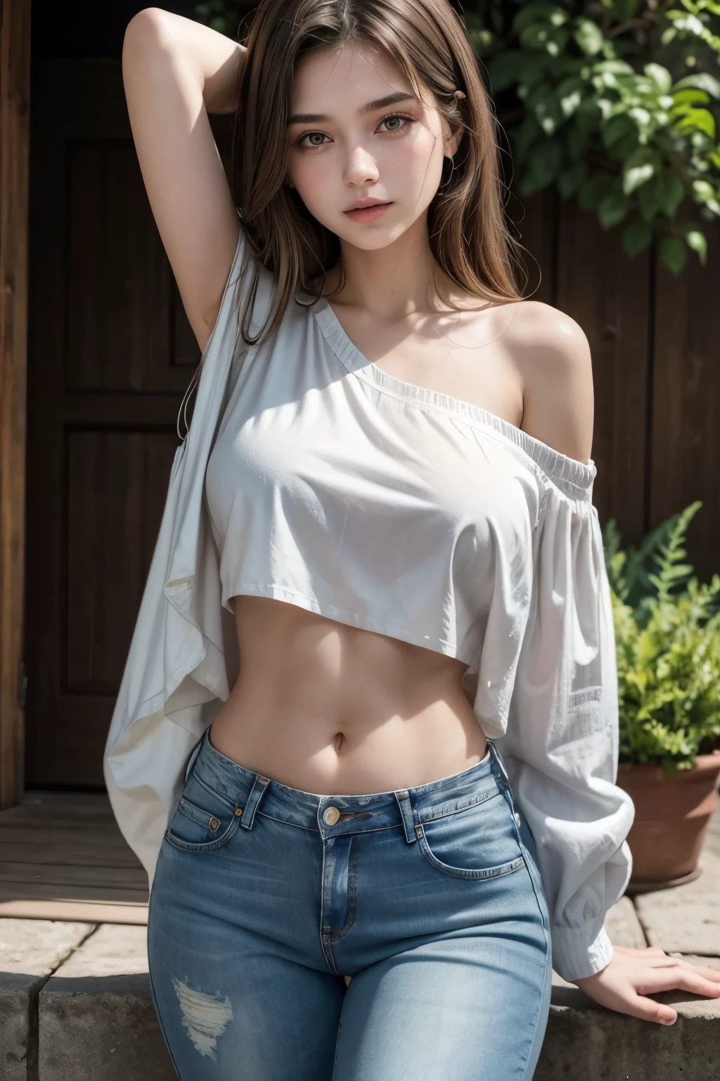 Beautiful 18-year-old brunette girl wearing a short one-shoulder blouse and high-waisted jeans showing her navel 