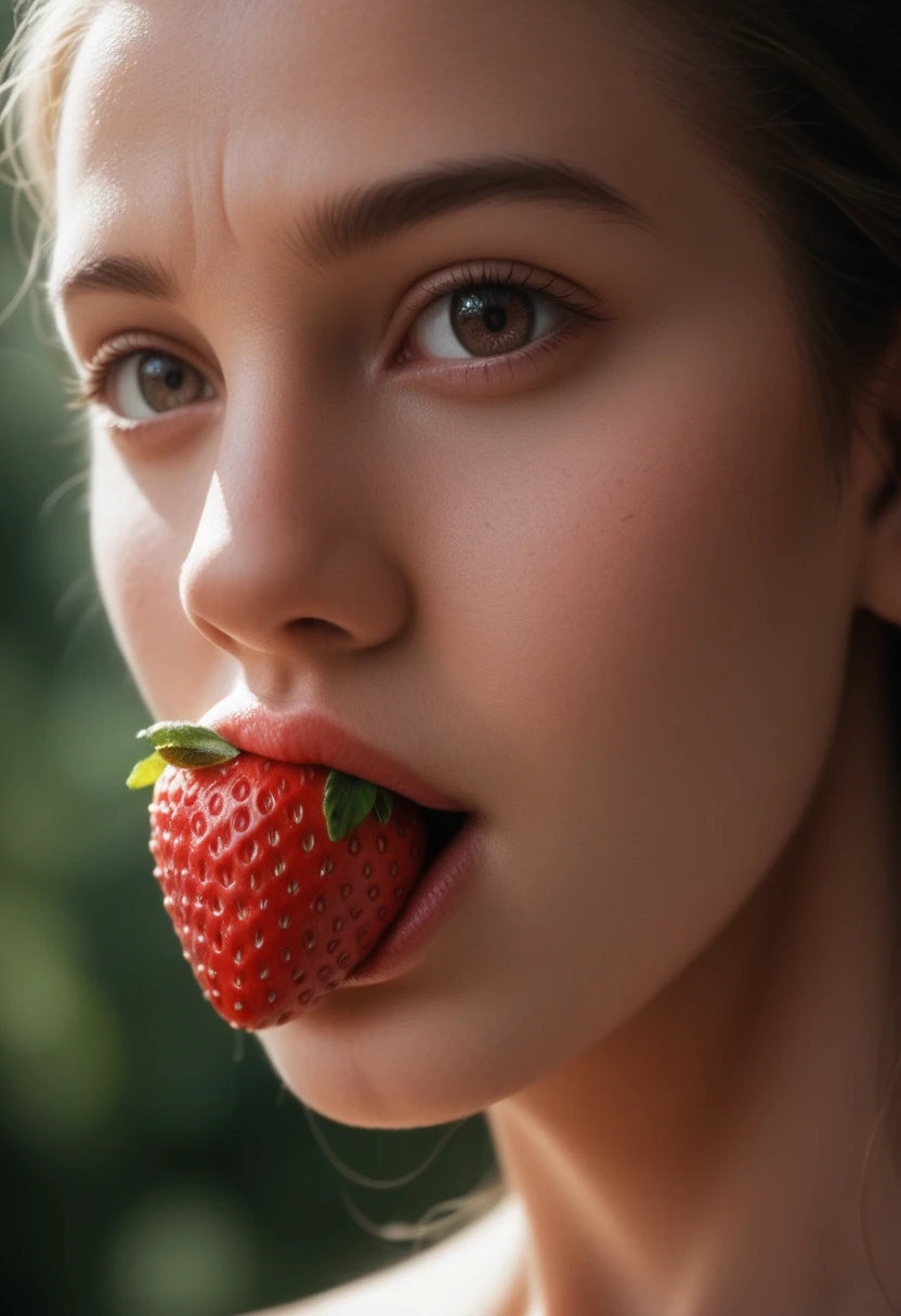 A ripe, juicy strawberry, detailed realistic high quality photorealistic 3D render, macro close-up view, Sharp focus, vibrant red colors, glistening surface, velvety texture, natural lighting, seamless studio backdrop, quality\(8k,extremely detailed CG unit wallpaper, masterpiece,High resolution,top-quality,top-quality
 real texture skin,hyperrealistic,increase resolution,RAW Photos,la mejor quality,Very detailed,The wallpaper,
cinematic lighting,ray trace,golden ratio\),