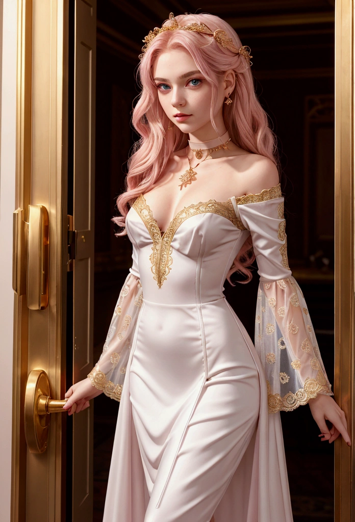 An 18 years old European girl with pale skin and long, wavy rose_gold hair. large and magenta colored eyes, full lips, with an adorable, and innocent face. She should have a happy expression, wearing a luxurious, flowing dress. The dress features a white base with a soft pink gradient from the waist down, and is adorned with intricate golden patterns resembling lace or spider webs. The bodice is form-fitting, with a heart-shaped, off-the-shoulder neckline, and a golden ornament at the waistline. She wears long, transparent bell sleeves with golden patterns. The skirt is long with a slight open front, revealing tight-fitting white leggings underneath, and has a small train at the back. The character also wears white ankle-high boots with pink accents. Accessories include a small round pendant on a choker necklace and golden hair ornaments with red decorative pieces extending from them. The overall aesthetic is elegant, ethereal, and fit for a royal or divine figure in a high-fantasy setting. small chested, slender, petit, cinematic lighting, chromatic aberration, backlighting, masterpiece, high details, high quality, 4K.
